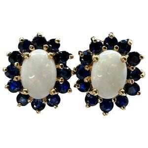 0.7ctw Natural Sapphire & Opal 14k Yellow Gold Stud Earrings